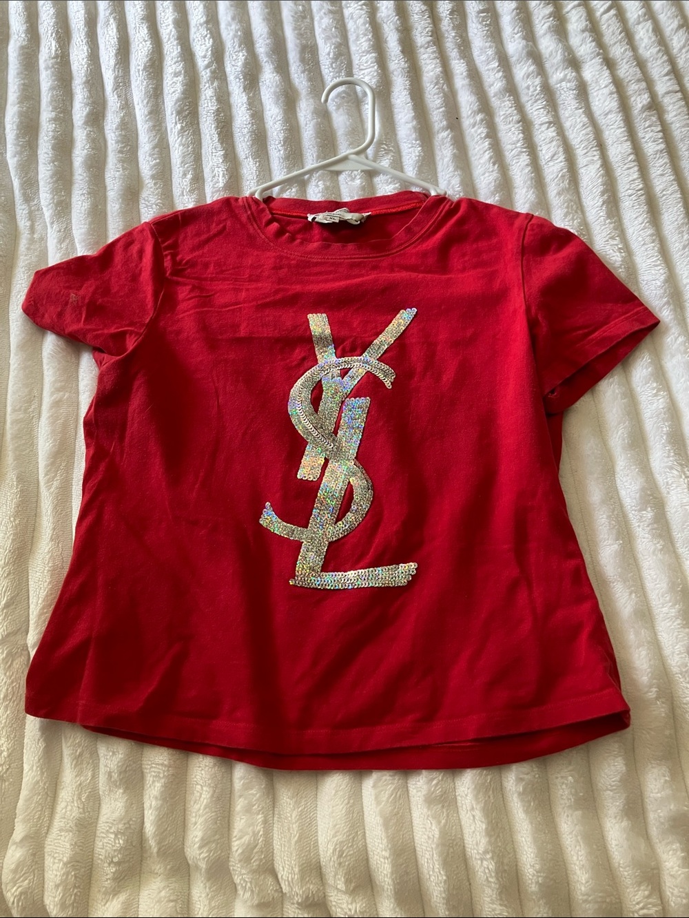 Yves Saint Laurent Red Short Sleeve Tee with Sequin YSL Logo